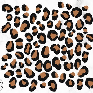 Puede incluir: Un patrón sin costuras de manchas de leopardo marrones y negras sobre un fondo blanco. Las manchas están dispuestas de forma aleatoria y son de diferentes tamaños.