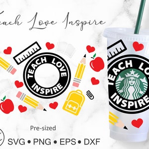 Vaso de 24 oz con efecto de ventilación para café Teach Love Inspire para Starbucks, archivo Svg Dxf Png Descarga digital