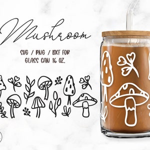 May include: A set of 10 black and white mushroom and leaf illustrations for a 16 oz glass can. The illustrations include mushrooms of various shapes and sizes, as well as leaves and stems. The text "Mushroom" and "SVG / PNG / DXF for glass can 16 oz." is also included in the image.