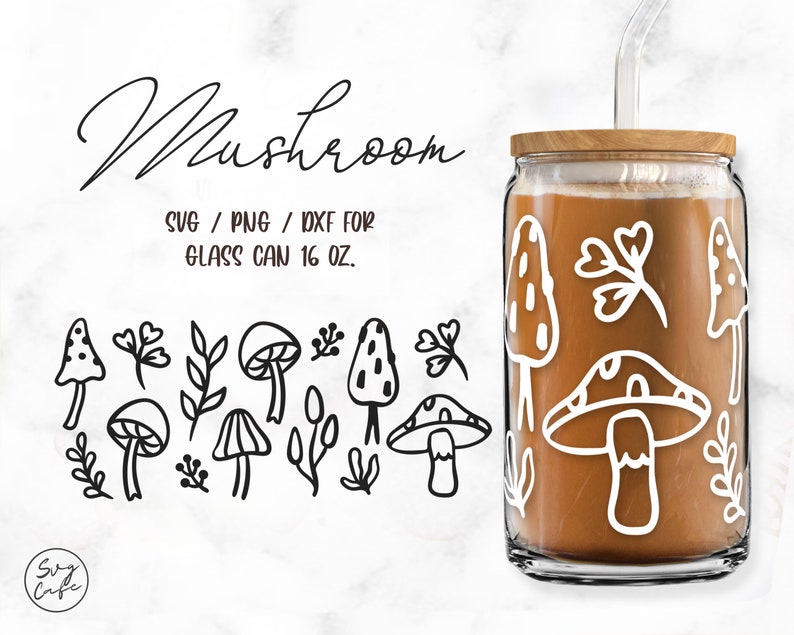 May include: A set of 10 black and white mushroom and leaf illustrations for a 16 oz glass can. The illustrations include mushrooms of various shapes and sizes, as well as leaves and stems. The text "Mushroom" and "SVG / PNG / DXF for glass can 16 oz." is also included in the image.