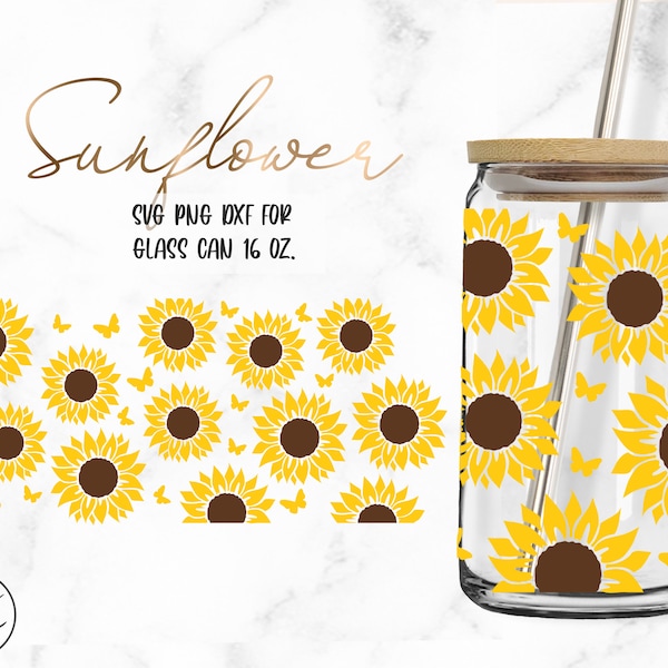 Sunflower Butterfly • 16oz Libbey Glass Can Cutfile, Svg Dxf Png Files Digital Download