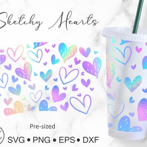 No Hole 24oz Venti Cold Cup Sketchy Hearts for Starbucks Cup, Svg Dxf Png File Digital Download