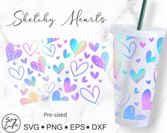 No Hole 24oz Venti Cold Cup Sketchy Hearts for Starbucks Cup, Svg Dxf Png File Digital Download
