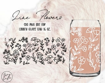 May include: Line art floral design for a 16 oz. Libbey glass can. The design features a variety of flowers and leaves in a simple, minimalist style. The design is perfect for adding a touch of elegance to your home decor.