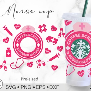 May include: A pink and white 24 ounce reusable coffee cup with a design that says "Coffee Scrubs & Rubber Gloves" with a pink cross and a green Starbucks logo. The cup is surrounded by pink hearts, crosses, bandages, and pills.