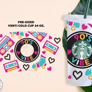May include: A white 24 oz. reusable cold cup with a 90's vibe design. The cup features a black circle with the text "90's Vibe" in pink and blue letters. The cup is decorated with pixelated hearts, cassette tapes, and roller skates.