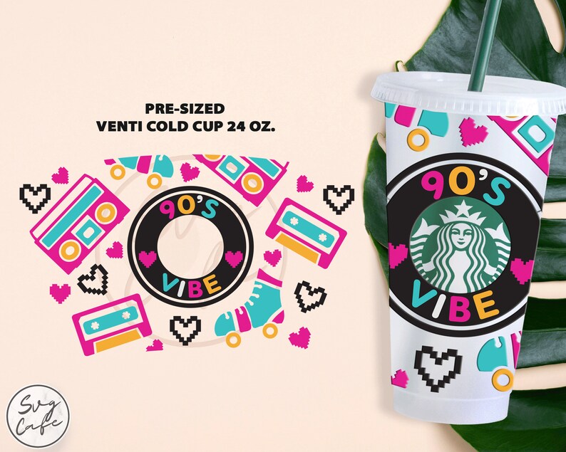 May include: A white 24 oz. reusable cold cup with a 90's vibe design. The cup features a black circle with the text "90's Vibe" in pink and blue letters. The cup is decorated with pixelated hearts, cassette tapes, and roller skates.