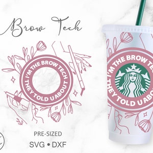 May include: A pink and white reusable cup featuring the text "I'm the Brow Tech They Told U About" and a stylised image of a mermaid with a crown. The cup is decorated with floral designs.