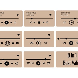 May include: A set of eight brown music player interface icons with various controls, including play, pause, rewind, fast forward, repeat, and volume. The icons are arranged in a grid with the text "8 in 1 Best Value" at the bottom.