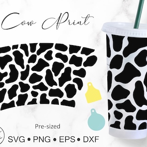 Puede incluir: Diseño de estampado de vaca para una taza reutilizable, con una plantilla predimensionada para un corte fácil. El diseño presenta manchas de vaca blancas y negras sobre un fondo blanco. El diseño también está disponible en formatos SVG, PNG, EPS y DXF.