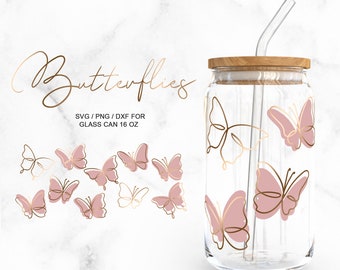 Butterflies Line Art • 16oz Glass Can Cutfile, Svg Dxf Png Files Digital Download