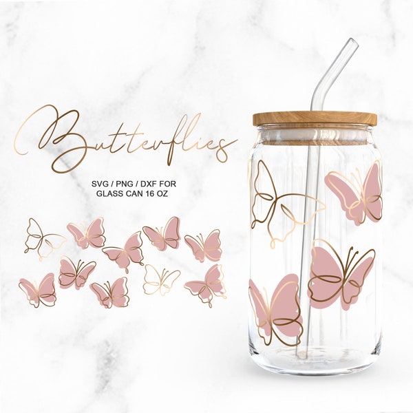 Butterflies Line Art • 16oz Glass Can Cutfile, Svg Dxf Png Files Digital Download