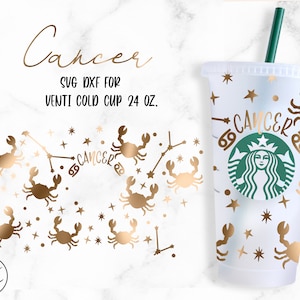 May include: Gold glitter design for a 24 ounce cold cup featuring the Cancer zodiac sign, a crab, and stars. The design is for a reusable cup.