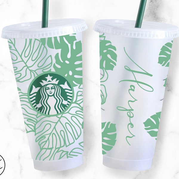 24oz Venti Cold Cup Monstera with Name Space for Starbucks Cup Svg Png Eps Dxf File Digital Download