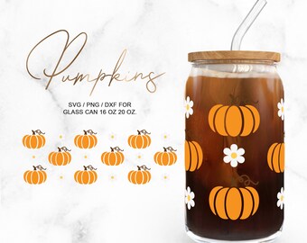 May include: A glass can with a wooden lid and a straw, decorated with orange pumpkins and white daisies. The text "Pumpkins" is written in cursive above the can. The text "SVG / PNG / DXF for Glass Can 16 oz 20 oz." is written below the can.