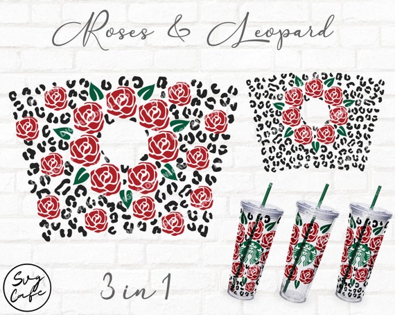 Roses & Leopard Svg full wrap for Starbucks Acrylic Tumbler 24 oz, Animal Print Svg, Flower Svg