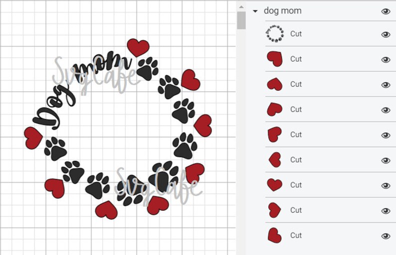 May include: A digital design for a dog mom wreath with the text "Dog Mom" in a circle, surrounded by paw prints and hearts.