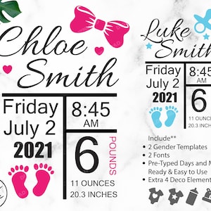 Birth Announcement svg, Birth Stats svg, Baby Keepsake Template svg dxf eps,Instant Download, Cut file for Cricut and Silhouette.