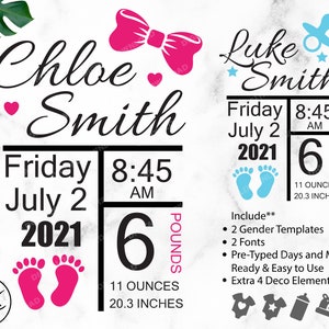 Birth Announcement svg, Birth Stats svg, Baby Keepsake Template svg dxf eps,Instant Download, Cut file for Cricut and Silhouette.