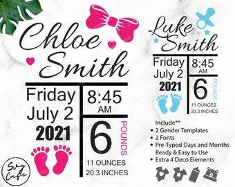 Birth Announcement svg, Birth Stats svg, Baby Keepsake Template svg dxf eps,Instant Download, Cut file for Cricut and Silhouette.