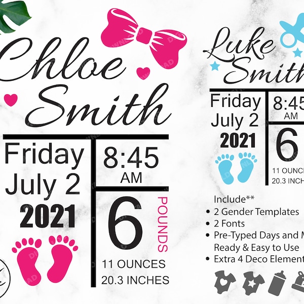 Birth Announcement svg, Birth Stats svg, Baby Keepsake Template svg dxf eps,Instant Download, Cut file for Cricut and Silhouette.