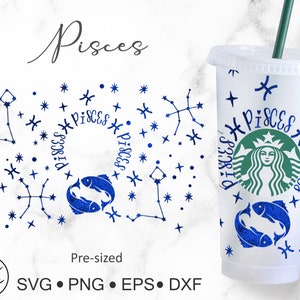 Puede incluir: Una taza reutilizable blanca con un dise&ntilde;o azul y blanco que presenta el signo del zod&iacute;aco Piscis, estrellas y el texto "Pisces".