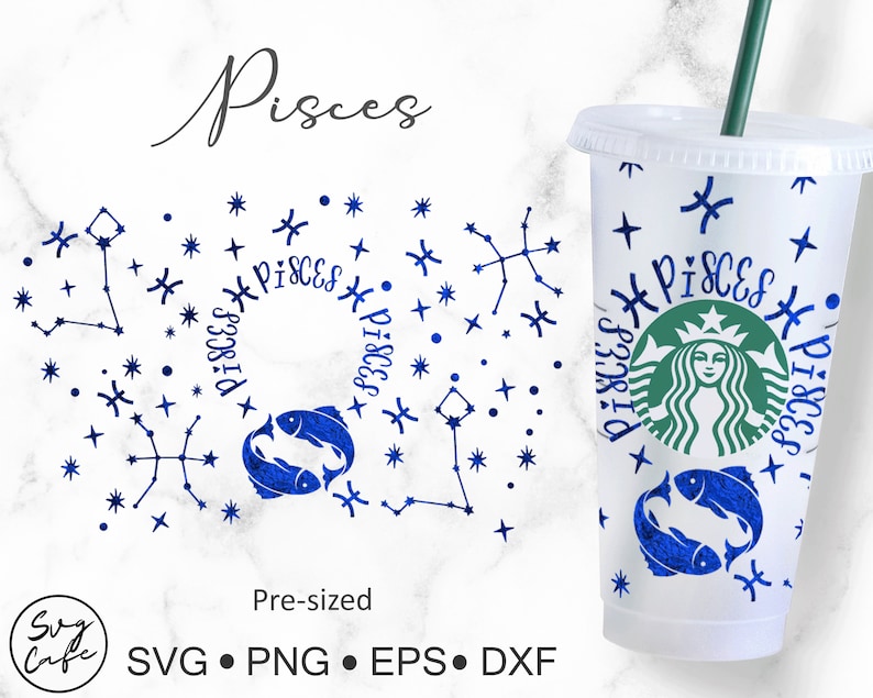 Puede incluir: Una taza reutilizable blanca con un dise&ntilde;o azul y blanco que presenta el signo del zod&iacute;aco Piscis, estrellas y el texto "Pisces".