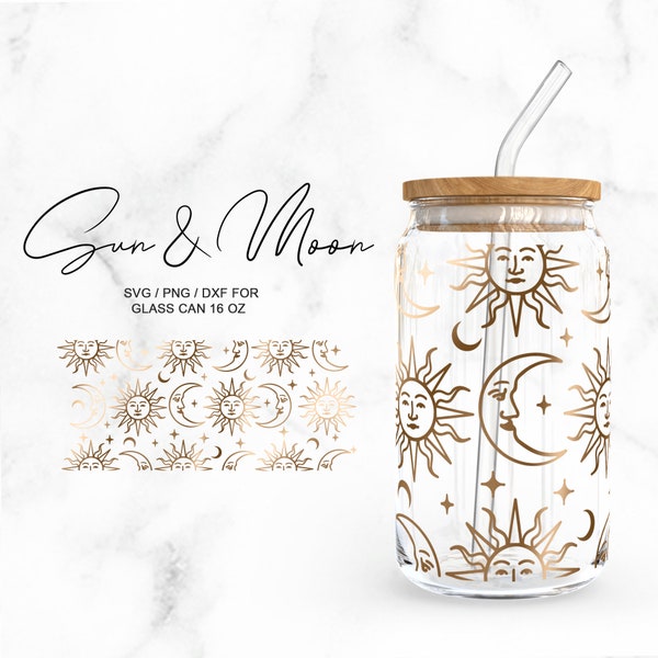 Sun and Moon • 16oz Glass Can Cutfile, Svg Dxf Png File Digital Download