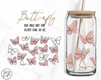 May include: A 20 ounce glass can with a bamboo lid and a stainless steel straw. The can is decorated with a pink and gold butterfly pattern. The text "Butterfly" and "SVG PNG DXF for Glass Can 20 oz." is written in black cursive.