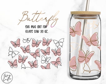 Butterfly Line Art • 20oz Glass Can Cutfile, Svg Dxf Png Fichiers Téléchargement numérique