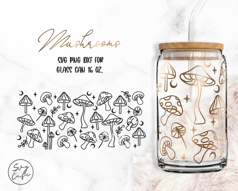 Champiñones • 16oz Glass Can Cutfile, Svg Dxf Png Files descarga digital
