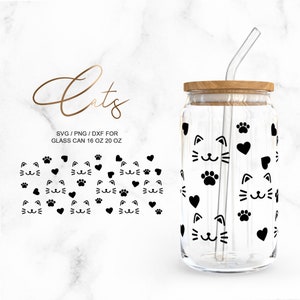Chats • Boîte de conserve en verre de 16 oz et 20 oz, fichiers Svg Dxf Png en téléchargement numérique
