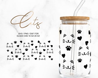 May include: A clear glass can with a wooden lid and a black straw. The can is decorated with a pattern of black cat faces, paw prints, and hearts. The text "Cats" is written in cursive above the can. The text "SVG/PNG/DXF for Glass Can 16 oz 20 oz" is written below the can.