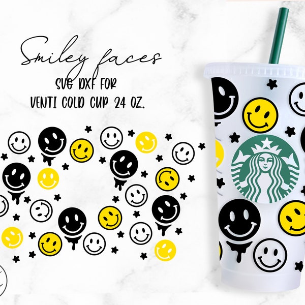 Smiley Faces • 24oz Venti Cold Cup Cutfile, Svg Dxf Png File Digital Download