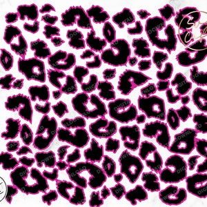 May include: A black and white leopard print pattern with a hot pink outline. The print is a repeating pattern of leopard spots.