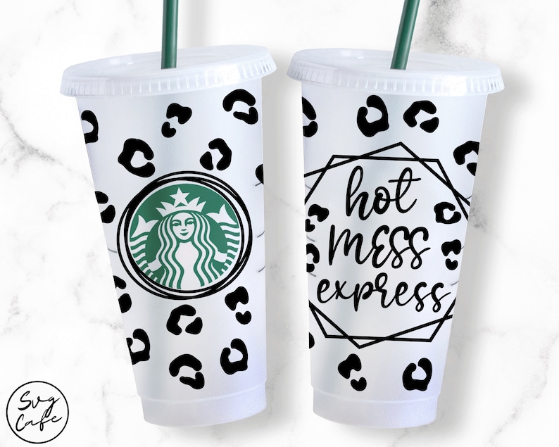 May include: Two white reusable cups with black lids and straws. One cup has a black and white leopard print design and a green Starbucks logo. The other cup has a black and white leopard print design and the text "hot mess express" in a black geometric frame.