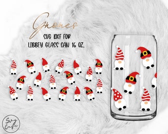 May include: A set of 16 oz. glass can wraps featuring gnomes with red hats and white beards. The gnomes are arranged around the can in a variety of poses. The text "SVG DXF FOR LIBBEY GLASS CAN 16 OZ." is printed at the top of the image.