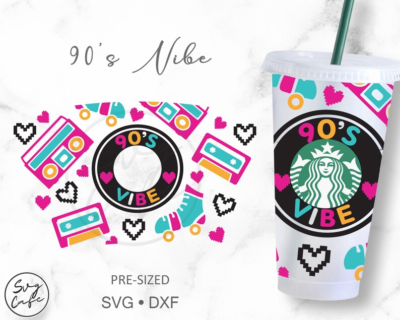 May include: A white tumbler with a 90's vibe design. The design features a black circle with the text "90's Vibe" in white, a green Starbucks logo, and other 90's themed graphics like cassette tapes, roller skates, and pixel hearts.
