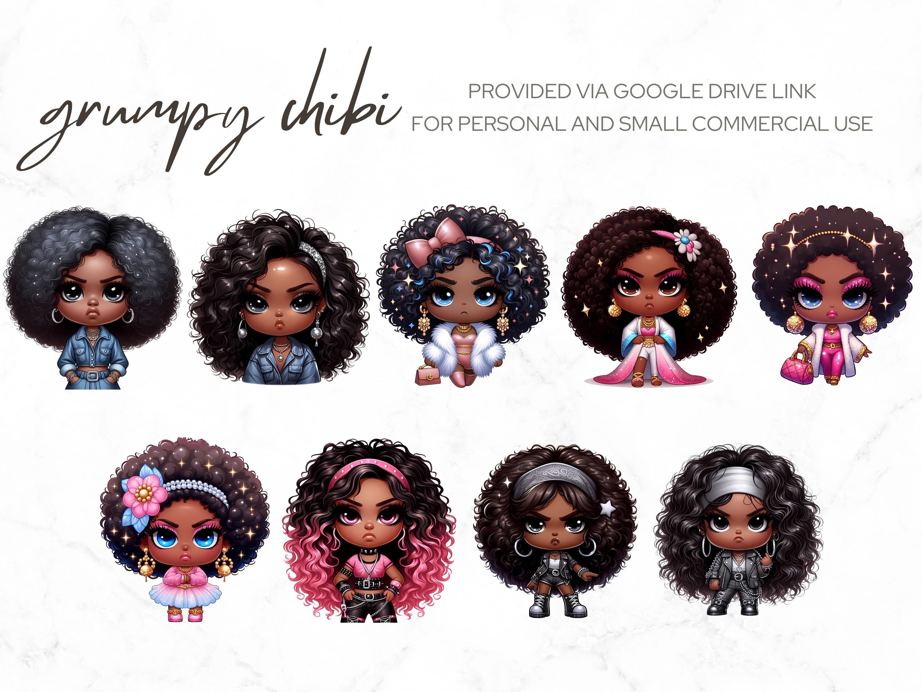 Grumpy Chibi Girls Clipart Bundle, Black Girl Clipart Chibi Style ...