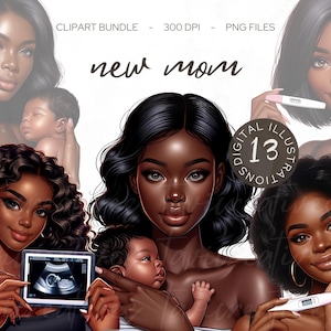 Nova mãe, mãe de primeira viagem, clipart de menina negra, pacote de clipart png, clipart de menina afro, clipart afro-americana, maternidade, presentes para novas mães