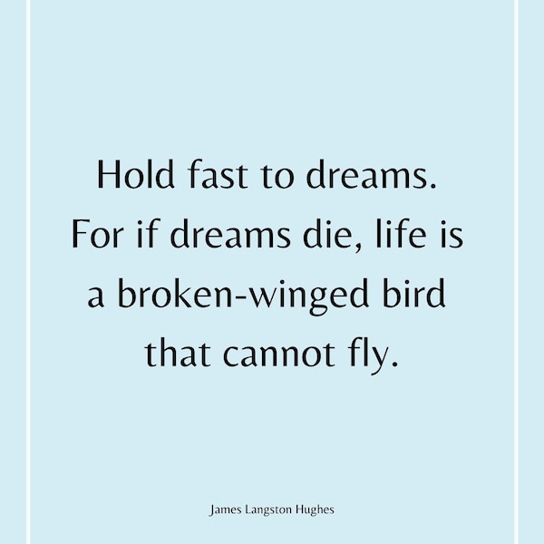 Hold fast to dreams. For if dreams die, life is broken-winged bird that cannot fly. Wall sign James Langston Hughes 5 sizes. Instant access.