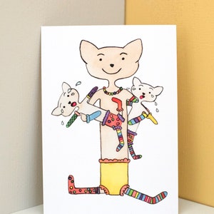 Postkarte - Die Dackelkatze ist mit ihren Zwillingen beim Fotografen