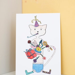 Postkarte - Die Dackelkatze feiert Geburtstag