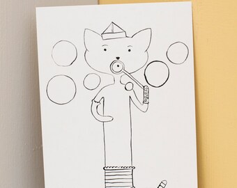 Coloring postcard - Die Dackelkatze macht Seifenblasen (The dachshund cat makes soap bubbles)