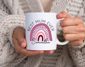 Personalized Best Mum Ever Mug, Boho Rainbow Name Mug
