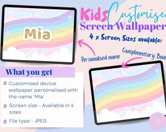 Personalized Rainbow Glitter iPad Wallpaper: Kids Custom Name (Digital Download)
