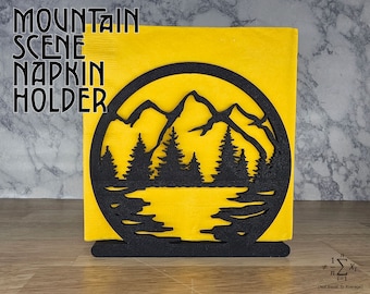 Mountain Scene Napkin Holder: Rustic Cabin Decor