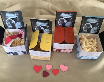 Original DIY Pregnancy Announcement: a surprise box with an ultrasound image inside and a heart to plant