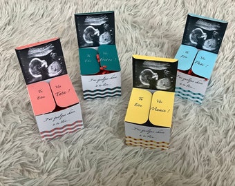 Original DIY Pregnancy Announcement: a surprise box with an ultrasound image inside and a heart to plant, Christmas design
