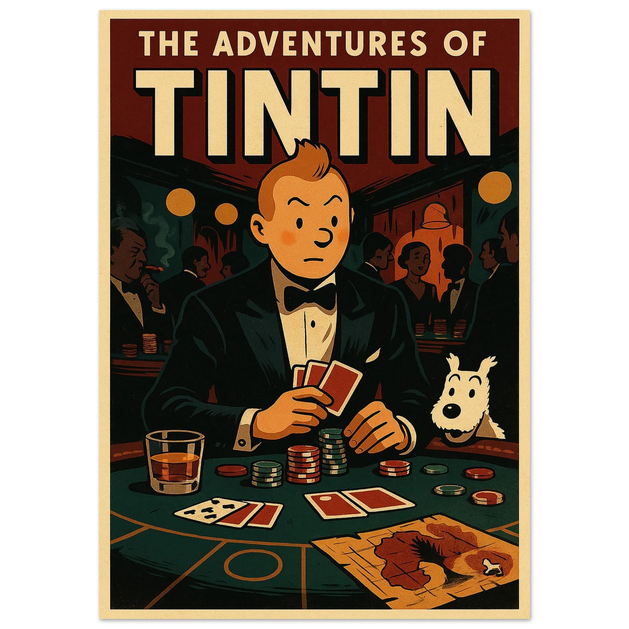 Tintin Casino Poster - Retro Comic Book Art Print on Premium Matte